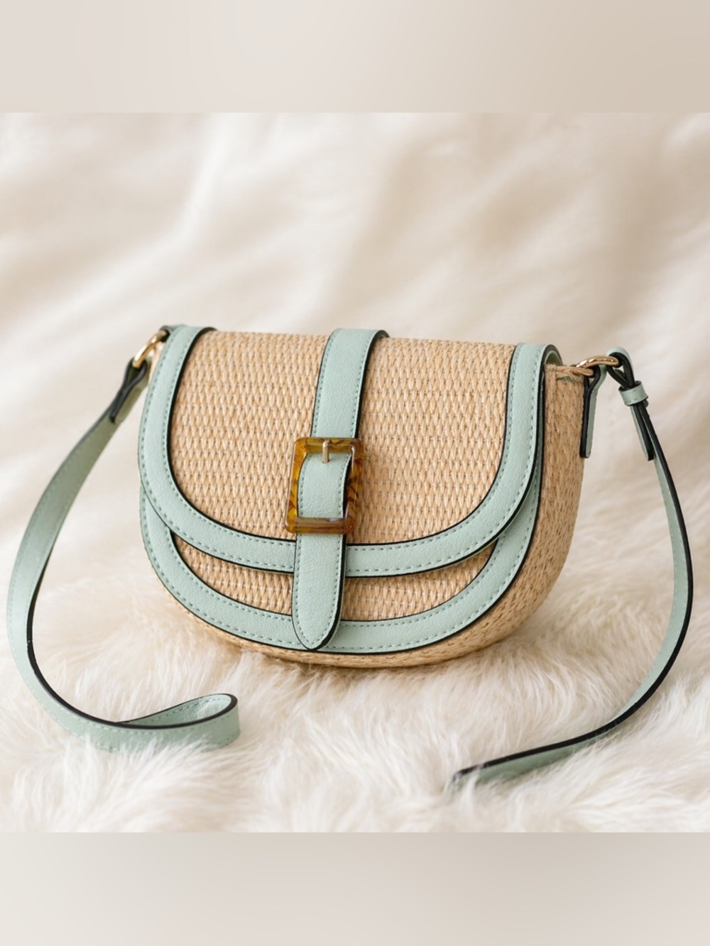 Izzy & Ali Straw Crossbody Bag Mint Green Trim Woven Rattan Summer Boho Chic